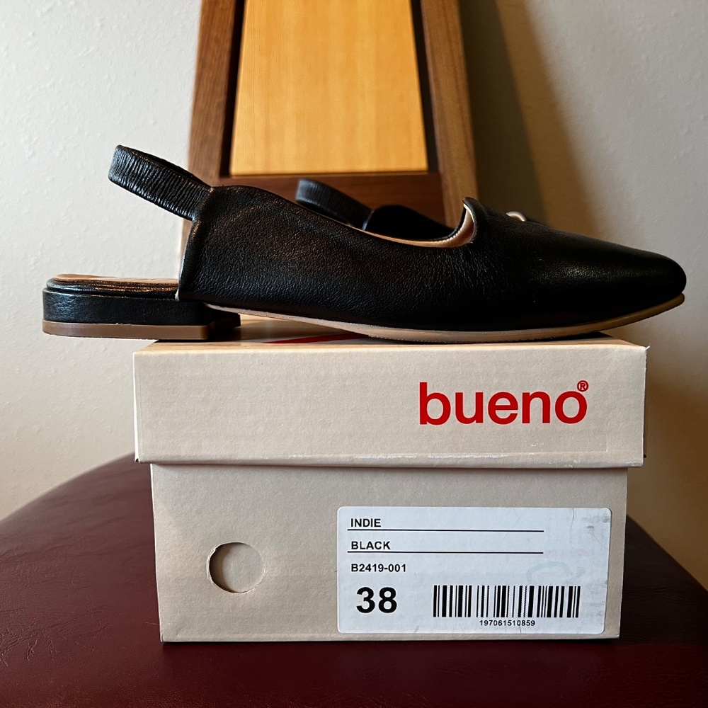 Bueno Indie Slingback Pointed Toe Flat Black Leather 38 - Picture 3 of 7